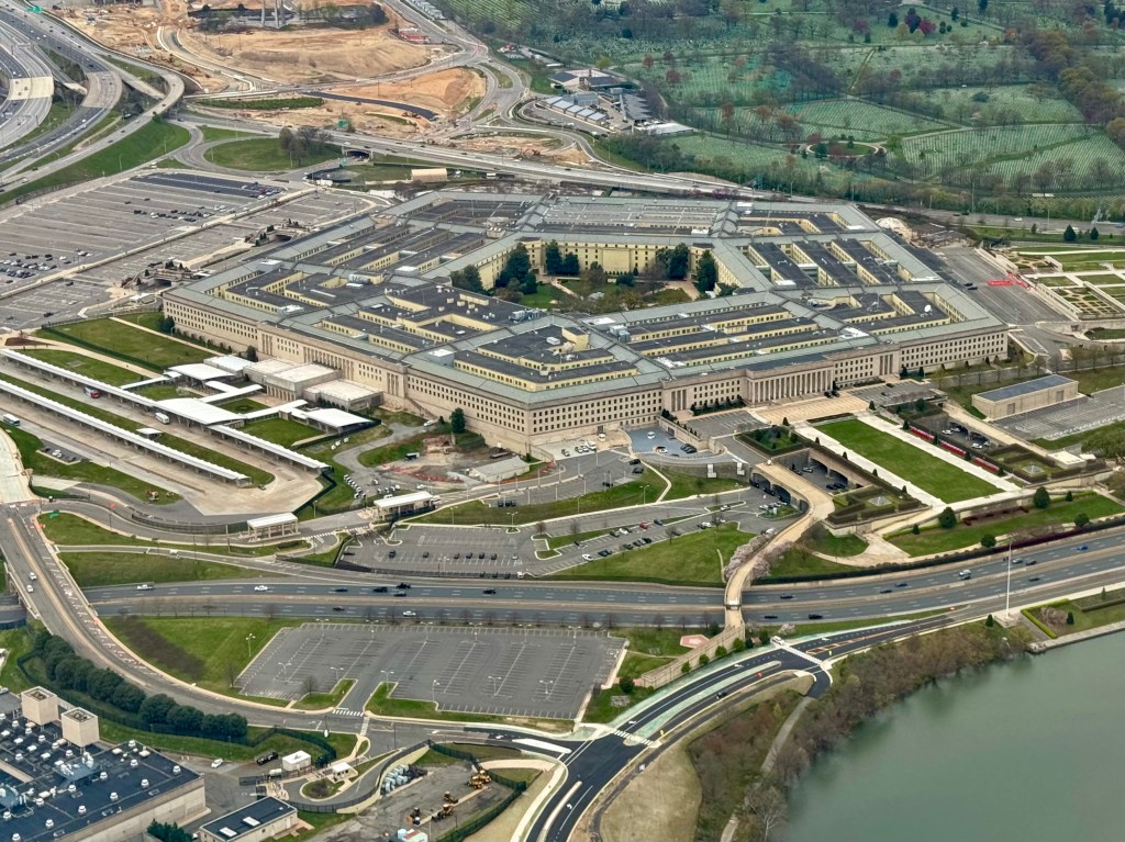 Aerial view of the Pentagon in Washington, DC, on March 31, 2024. Home to the US Defense Department, the Pentagon is one of the world's largest office buildings.