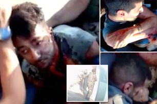 Gruesome newly released video shows gun-toting Hamas terrorists driving off with blood-soaked Israeli hostages Hersh Goldberg-Polin, Or Levy, and Eliyah Cohen following the Nova Festival massacre.