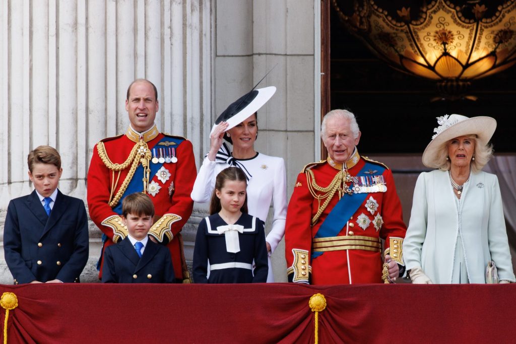 Britain's Royal family including Prince George, Prince Louis, Prince William, Princess Charlotte, Catherine Princess of Wales, King Charles III and Queen Camilla, watching a military flypast from the Buckingham Palace balcony during the annual Trooping the Colour parade, celebrating King Charles III's birthday.