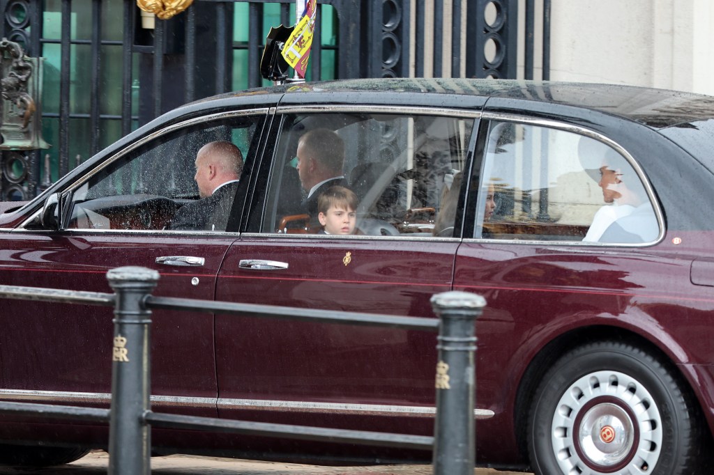 Kate Middleton arrives at Buckingham Palace inside a car with her family as Prince Louis looks out the window on June 15, 2024.