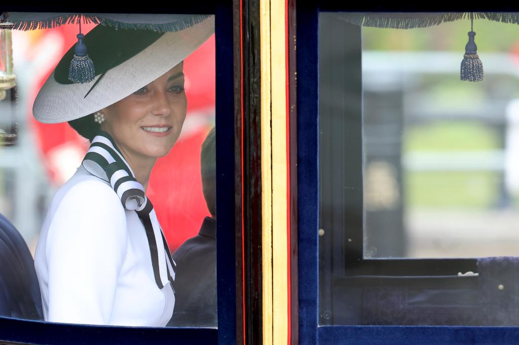 Kate Middleton smiles as she rides in a carriage with her children at the Trooping the Colour on June 15, 2024.