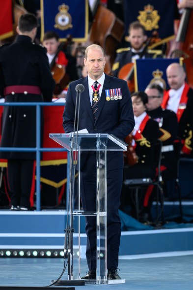 Prince William, Prince of Wales addresses the audience during a D-Day 80th anniversary concert on June 05, 2024 in Portsmouth, England.