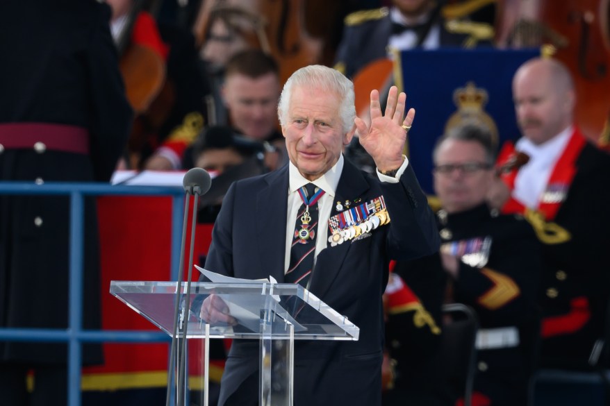 King Charles III addresses the audience during a D-Day 80th anniversary concert on June 05, 2024 in Portsmouth, England.