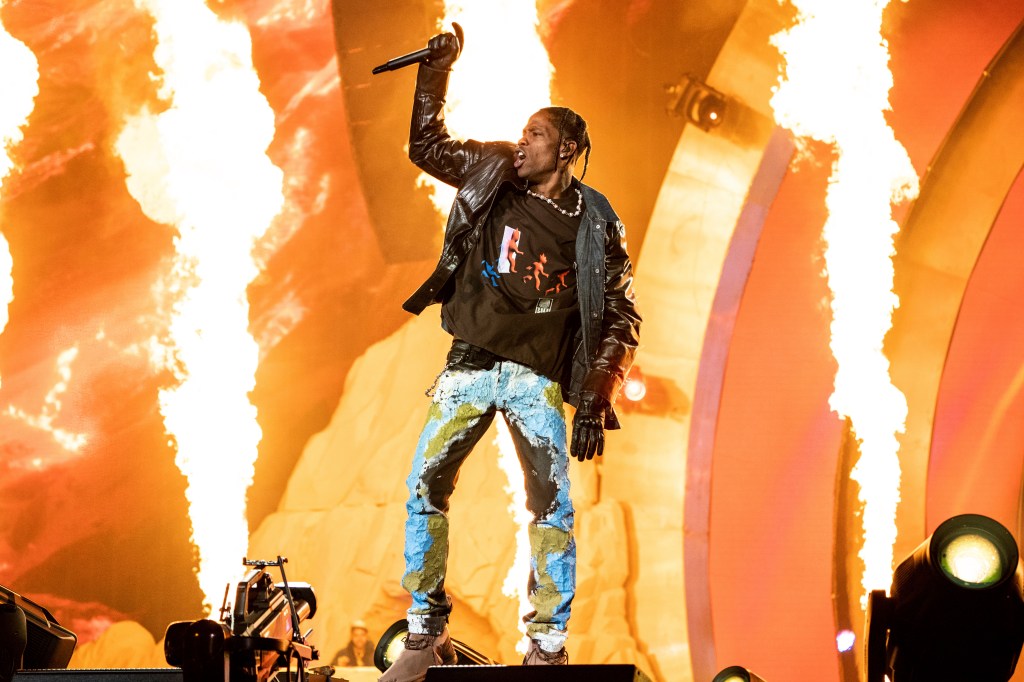 Travis Scott performing onstage at the Astroworld Music Festival in Houston, Nov. 5, 2021
