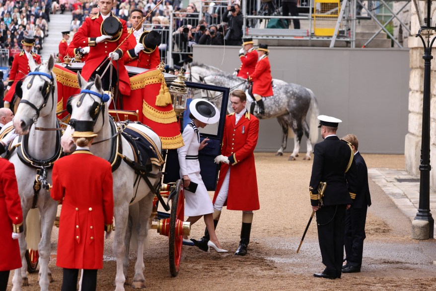 Britain's Catherine, Princess of Wales gets out of the Royal Carriage at House Guards Parade.