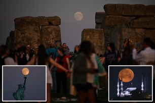 WILTSHIRE, ENGLAND - JUNE 20: The moon rises behind Stonehenge, on June 20, 2024 in Wiltshire, England. On the longest day of the year in the Northern Hemisphere, the sun rises in perfect alignment with the Heel Stone and Altar Stone of Stonehenge's 5000-year-old circle. This alignment shows the ancient builders' understanding of the solar calendar and suggests Stonehenge may have served as a calendar or temple for important dates and events - a tradition that continues to be marked each year. (Photo by Finnbarr Webster/Getty Images)