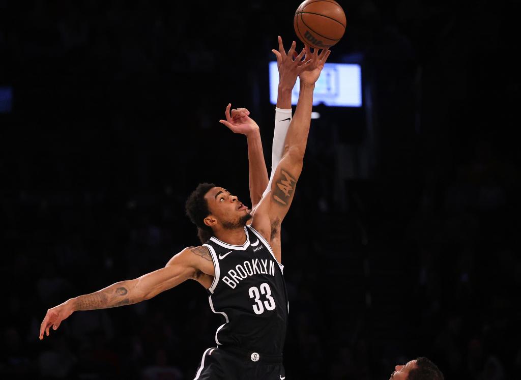 Brooklyn Nets center Nic Claxton (33) at tipoff during the first half when the Brooklyn Nets played the San Antonio Spurs Saturday, February 10, 2024 at Barclays Center in Brooklyn, NY. 