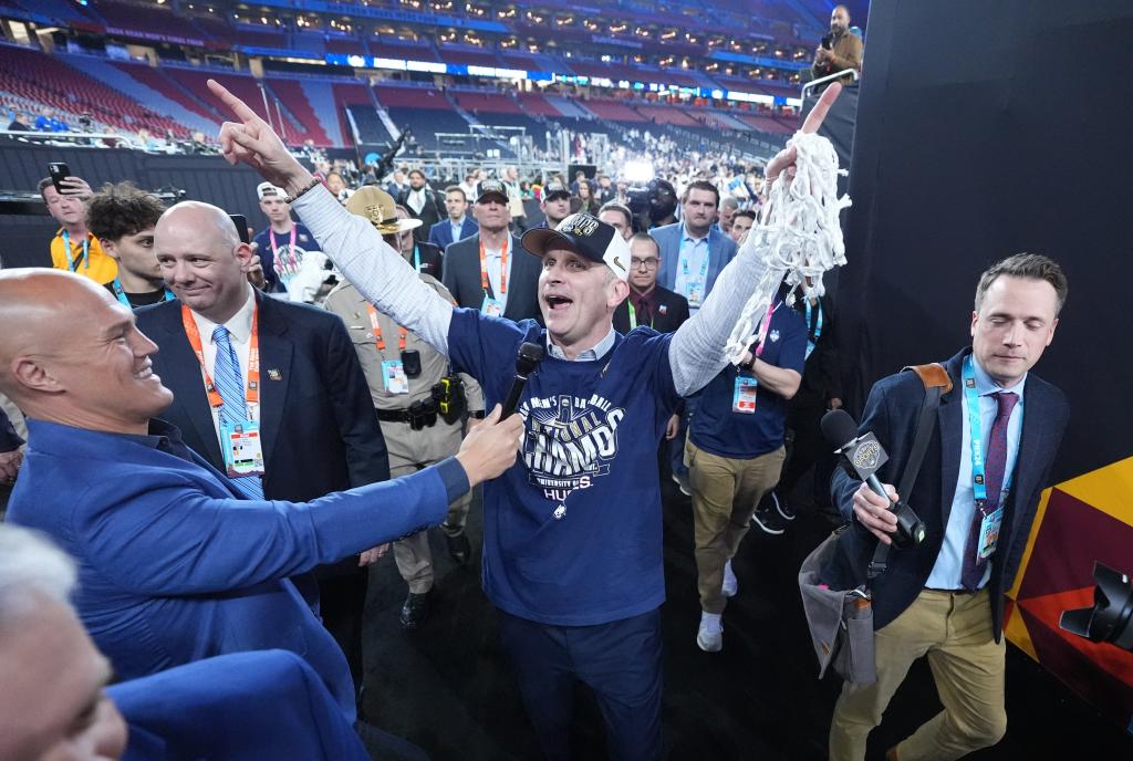 Connecticut Huskies head coach Dan Hurley celebrating his back-to-back championship after defeating the Purdue Boilermakers in the 2024 NCAA Tournament