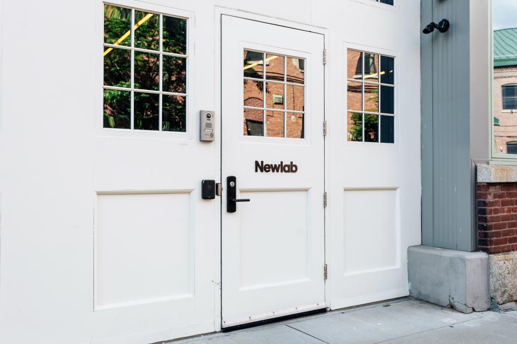 White double doors with windows at the Newlab headquarters in Brooklyn, photographed on May 29, 2024 by Emmy Park for NY Post.