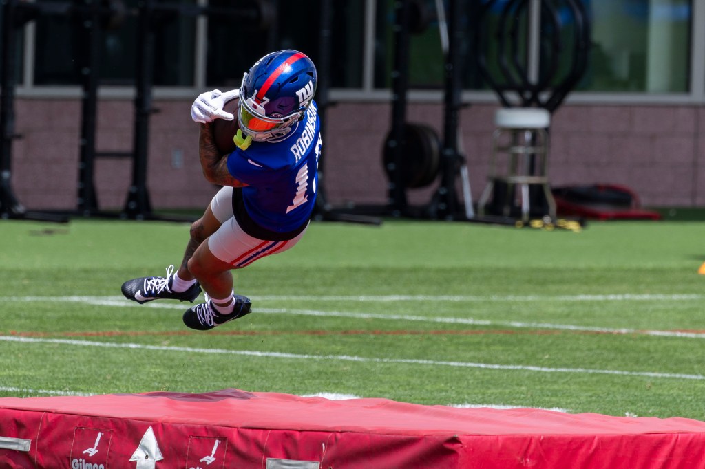 New York Giants wide receiver Wan'Dale Robinson runs a drill during camp at the Quest Diagnostics center, Wednesday, June 12, 2024, in East Rutherford, New Jersey.