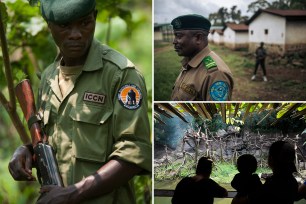 composite image: left, Park ranger from the Congolese Wildlife Authority (Institut Congolais pour la Conservation de la Nature, ICCN) stands in a banana plantation; upper right De-Dieu Bya'Ombe Balongelwa, Chief of Kahuzi-Biega National Park, stands in the courtyard of the park headquarters flanked by his armed escort on September 30, 2019; lower right children seen in silhouette from behind, looking at an exhibit at the bronx zoo