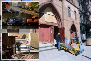 Front of a church door at right, and inside a vacant church, top left, and bottom left.