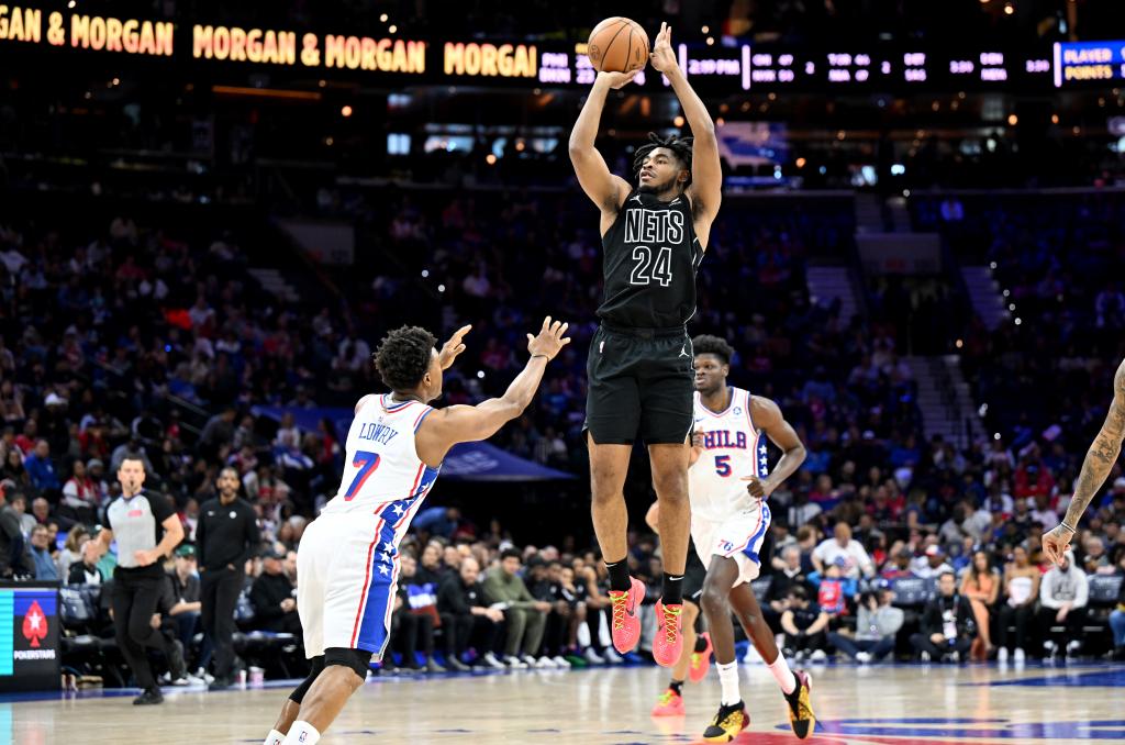 Cam Thomas #24 of the Brooklyn Nets shoots the ball in the third quarter against Kyle Lowry #7 of the Philadelphia 76ers at the Wells Fargo Center on April 14, 2024 in Philadelphia, Pennsylvania