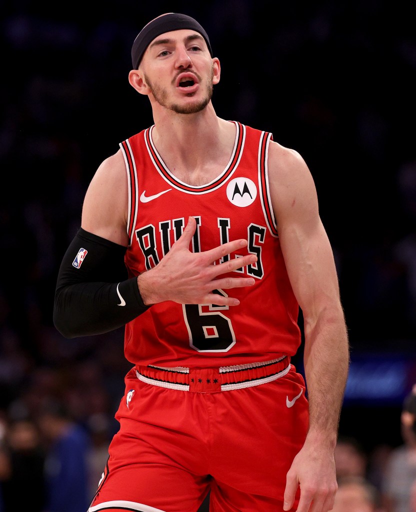 Alex Caruso #6 of the Chicago Bulls reacts during the second half against the New York Knicks at Madison Square Garden on April 14, 2024 in New York City. 