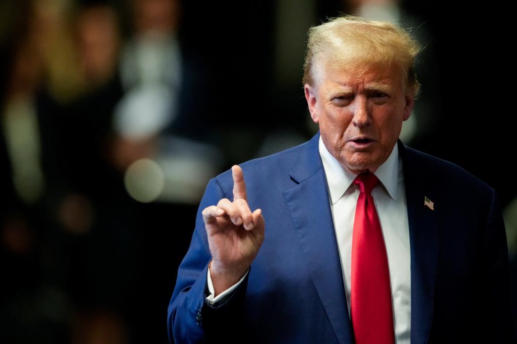 Former US President Donald Trump speaks to the press before departing for the day at his trial for allegedly covering up hush money payments linked to extramarital affairs, at Manhattan Criminal Court in New York City, on May 6, 2024. 