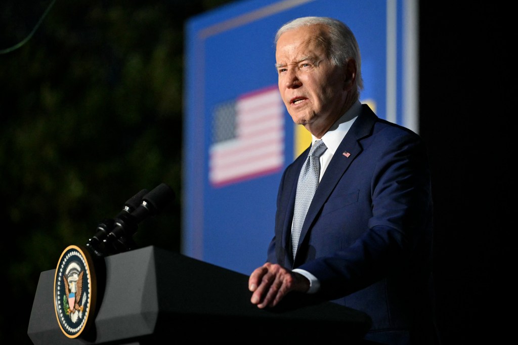 US President Joe Biden speaks during a press conference with Ukrainian President Volodymyr Zelensky at the Masseria San Domenico on the sidelines of the G7 Summit.