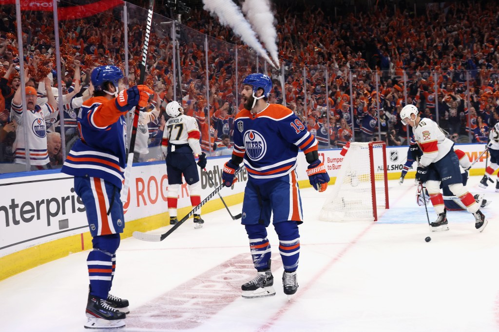 Adam Henrique #19 of the Edmonton Oilers celebrates his first period goal in Game Four of the 2024 Stanley Cup Final at Rogers Place on June 15, 2024 in Edmonton, Alberta. 