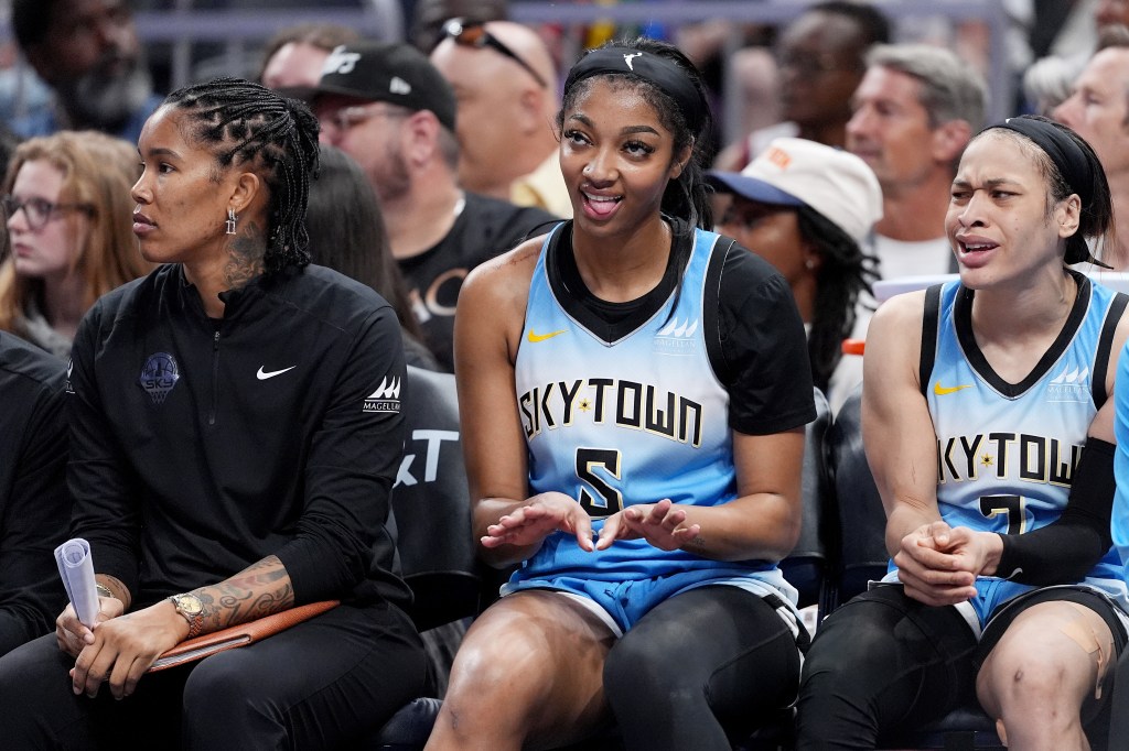 Angel Reese #5 of the Chicago Sky reacts to a basket from the bench during the second half against the Indiana Fever at Gainbridge Fieldhouse on June 16, 2024 in Indianapolis, Indiana.