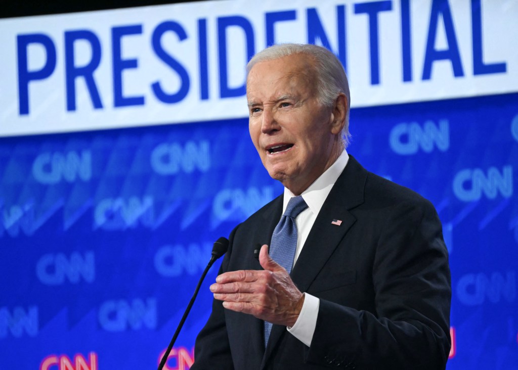 President Joe Biden speaks as he participates in the first presidential debate of the 2024 elections with former US President and Republican presidential candidate Donald Trump at CNN's studios in Atlanta, Georgia, on June 27, 2024. 