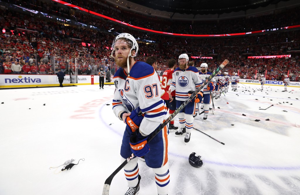 Connor McDavid #97 of the Edmonton Oilers looks on after Game Seven of the 2024 Stanley Cup Final between the Edmonton Oilers and the Florida Panthers at Amerant Bank Arena on June 24, 2024 in Sunrise, Florida. 