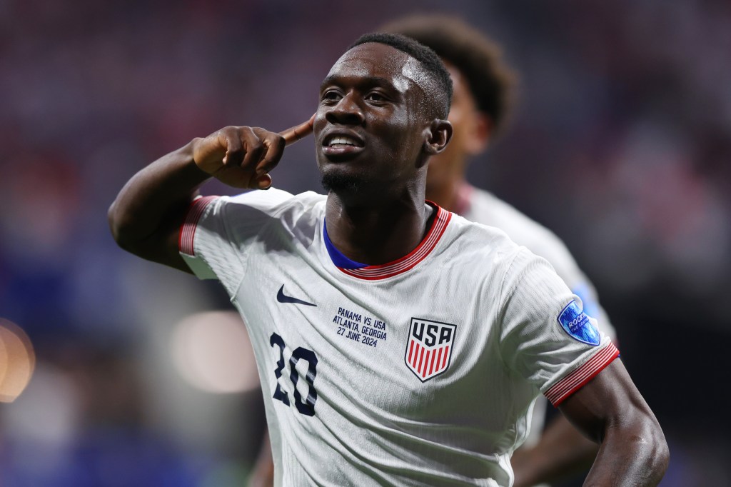 Folarin Balogun of United States in football uniform celebrates after scoring the first goal in the CONMEBOL Copa America USA 2024 Group C match