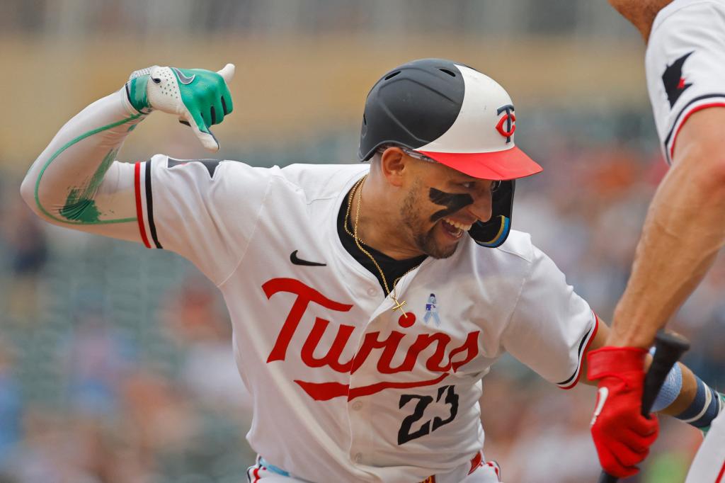 Minnesota Twins third baseman Royce Lewis celebrating his three-run home run against the Oakland Athletics