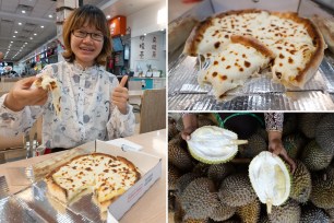 A composite showing a woman holding a slice of durian pizza giving a thumbs up, durian pizza in a box, a woman holding a split durian