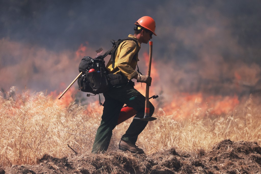 US Forest Service firefighter setting a controlled burn in Castaic, California to manage Post Fire that has grown to 12,265 acres, June 16, 2024.