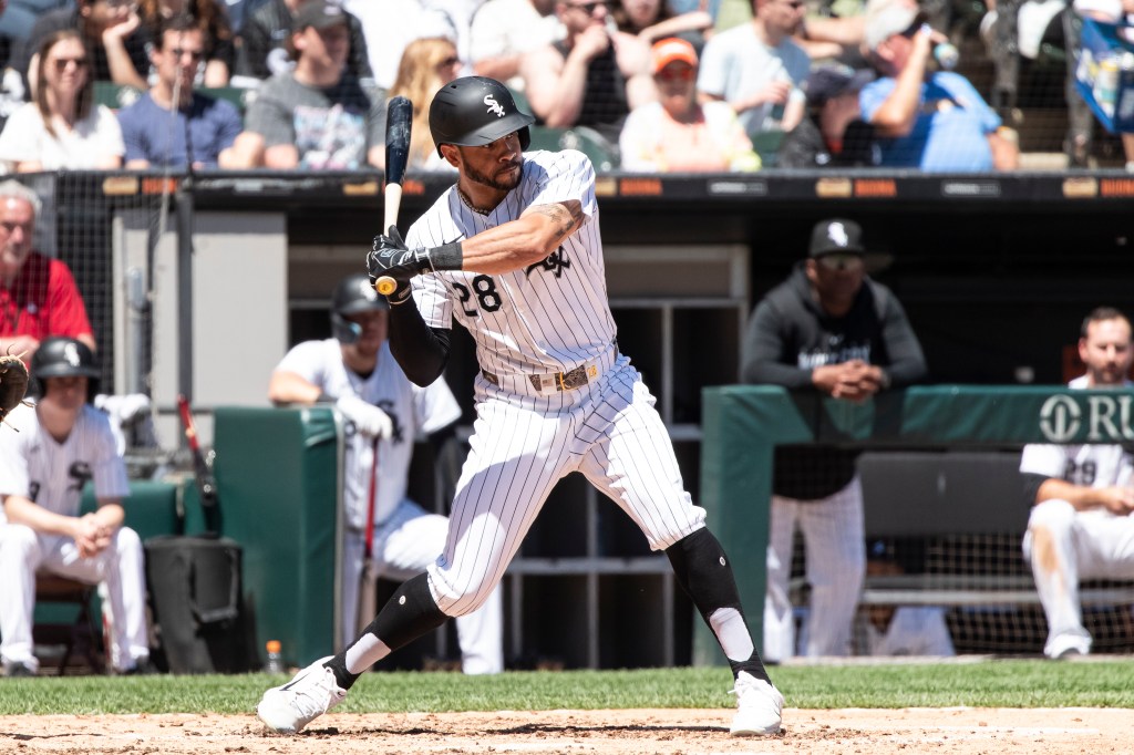 Tommy Pham #28 of the Chicago White Sox hits a single in the third inning against the Baltimore Orioles at Guaranteed Rate Field on May 25, 2024 in Chicago, Illinois. 