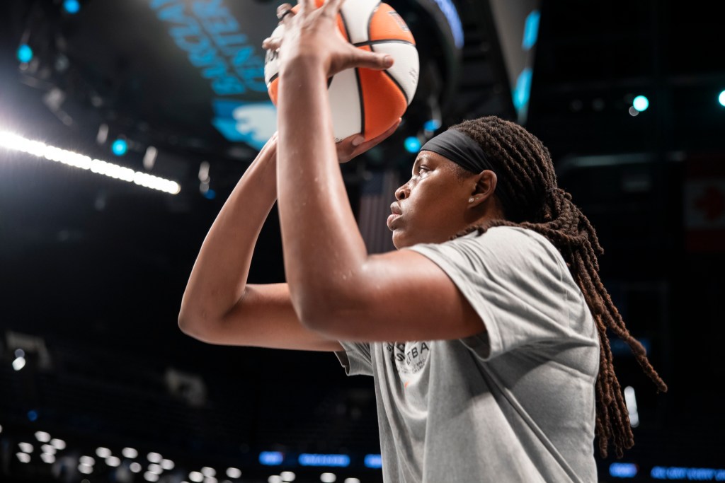 Jonquel Jones #35 of the New York Liberty warms up prior to her game against the Indiana Fever for their home opener at Barclays Center.