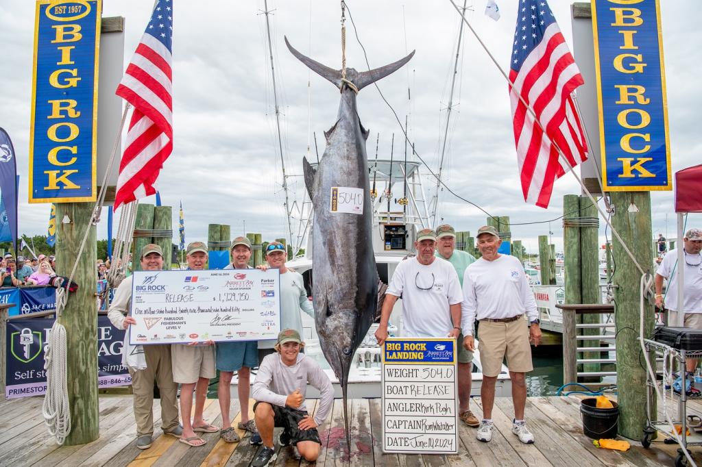 The team aboard the Hatteras-based boat, "Release," reeled in a blue marlin weighing 504 pounds, earning the group of men $1.7 million.