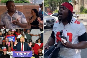 A 49ers fan in a red headband verbally accosting minority Trump supporters, including Donald Trump and Rimpa Siva, outside a Philly rally
