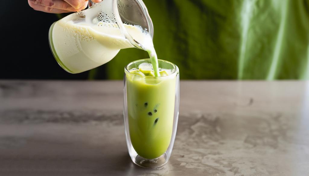 Person pouring soy milk into a glass of matcha ice tea