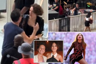 Phoebe Waller-Bridge and Andrew Scott, known as Fleabag and the Hot Priest, excitedly running back towards the VIP tent at a Taylor Swift concert in London.