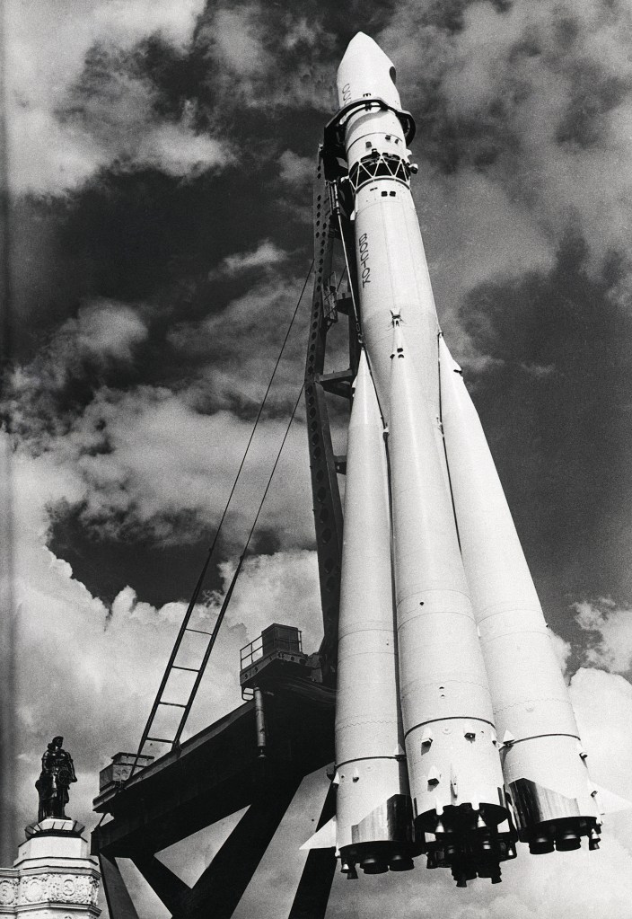 The rocket used to sent the Vostok 1 into space, on display in Moscow. 
