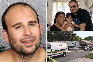 Jeronimo A. Duran mugshot at left; Duran with ex-girlfriend Mona Rosita Clarke smiling together and holding daughter Melody, top left; crime scene at his home bottom right.