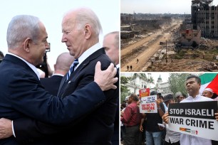 Netanyahu and Biden embracing; overhead shot of a war-torn Khan Younis in Gaza; A group of Sri Lankan anti-Israel civil rights activists holding signs.