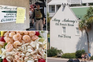 Police officer in vest in Mary Mahoney's entrance with hand-written sign taped up saying "closed for lunch," back in 2019 during FBI raid at top left; plate of seafood at bottom left; outside of Mary Mahoney's at right.