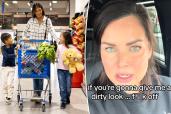 (Left) Mom and her kids grocery shopping with cart. (Right) Leslie Dobson, married mom of two and psychologist.