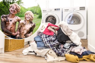 A boy with dirty clothes standing in front of a washing machine