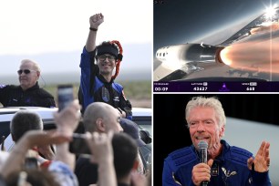 Astronauts including Turkey's Tuva Cihangir Atasever, following Galactic 07 mission, left; space craft at top right; richard branson, bottom right