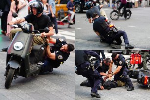 Composite photo of pictures posted to X by police brass of cops tangling with a motorcycle outlaw