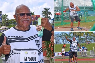 Fiji Prime Minister Sitiveni Rabuka smiling and holding up bronze metal at recent championships, left; upper right, him throwing discus; bottom right, him throwing shotput