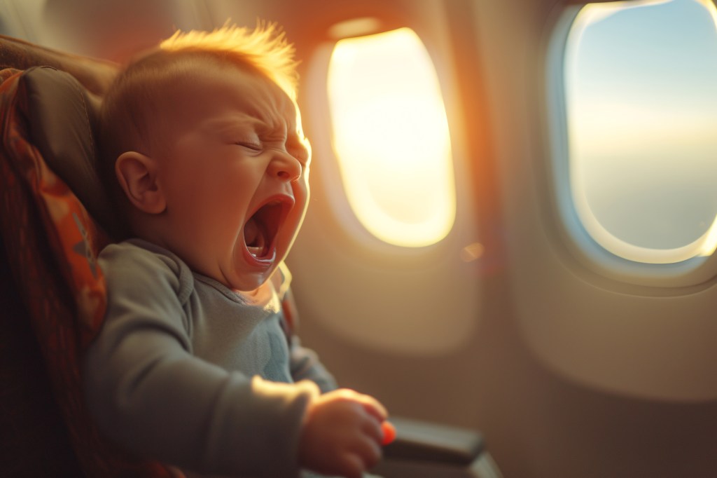 A baby crying and screaming on an airplane flight