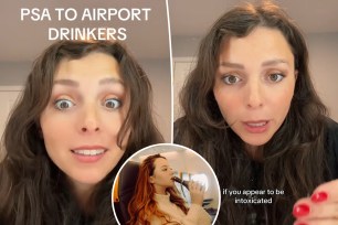 (Left) Tor, a flight attendant and TikTok content creator. (Right) Tor. (Inset) A woman drinking beer before takeoff.