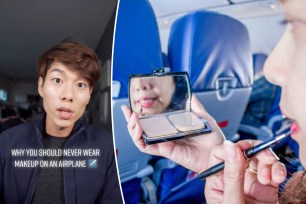 (Left) TikTok influencer and skincare expert D the Korean. (Right) Woman applying lipstick with a brush while looking in a mirror on an airplane.