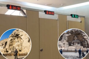 The restrooms at China's Yungang Buddhist Grottoes in the city of Datong have been updated with timers above each stall.