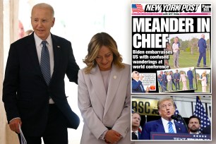 biden in italy, with an inset of a NYPost cover and trump