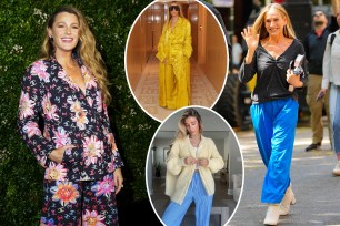 (Left) Blake Lively in pajama outfit. (Right) Sarah Jessica Parker in pajama pants. (Top inset) Beyonce in pajama outfit. (Bottom inset) TikTok user Corryn Timmerman in pajama pants.