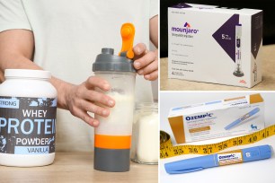 Image of a protein drink in a shaker at left, a box of Mounjaro at top right, and an Ozempic pen and box at bottom right.